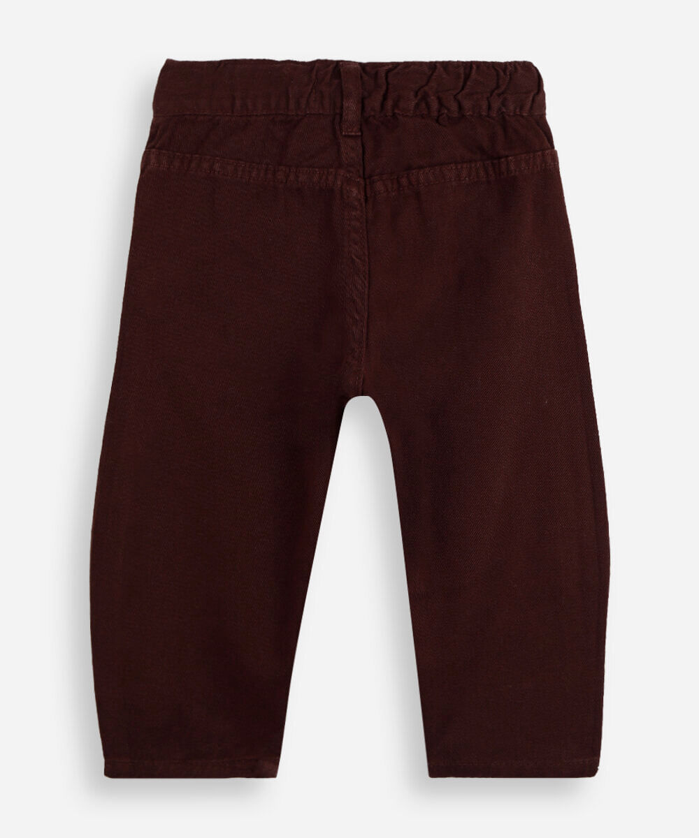 calça balloon infantil de sarja bordado corações marrom