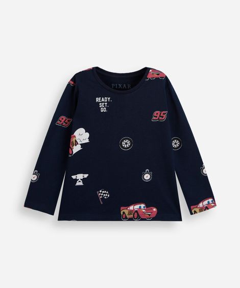 camiseta infantil de algodão manga longa mcqueen carros azul