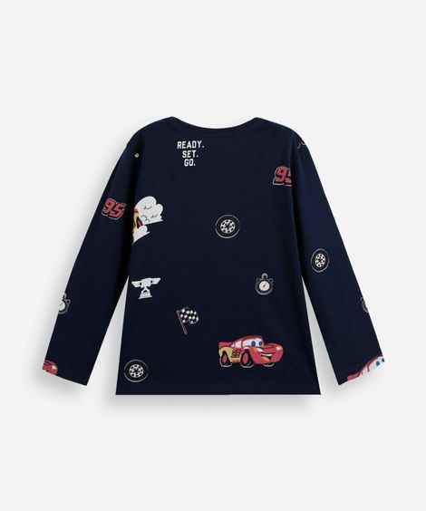 camiseta infantil de algodão manga longa mcqueen carros azul