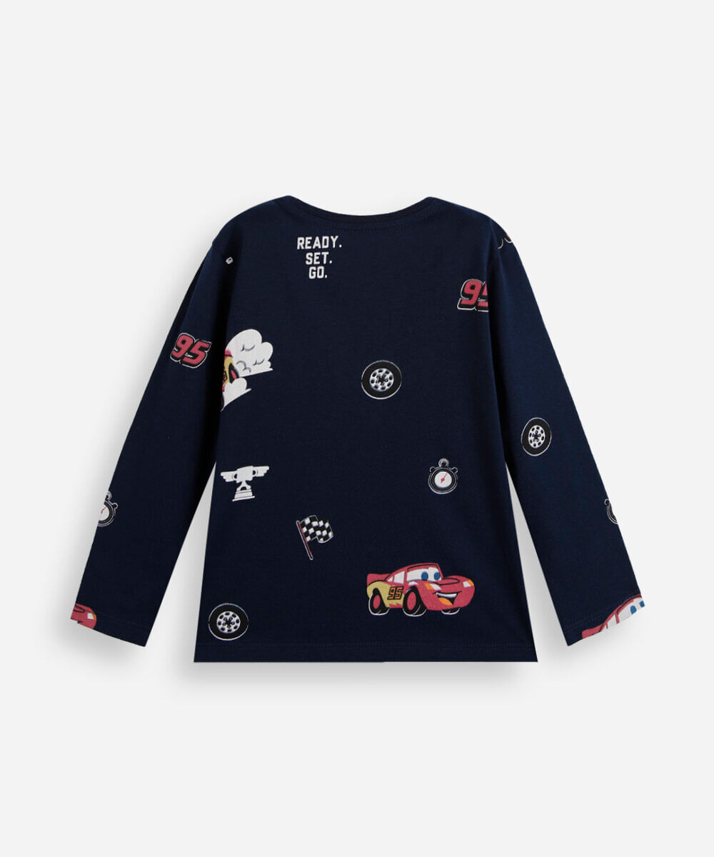 camiseta infantil de algodão manga longa mcqueen carros azul