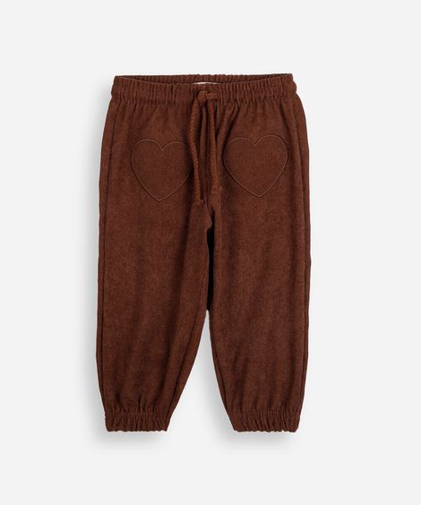 calça jogger infantil de veludo cotelê com bordado coração marrom