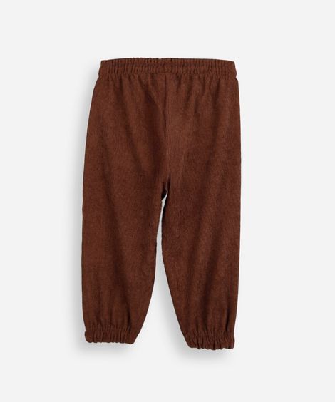 calça jogger infantil de veludo cotelê com bordado coração marrom