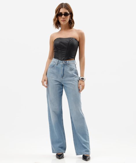 calça wide leg slim feminina jeans cintura alta azul