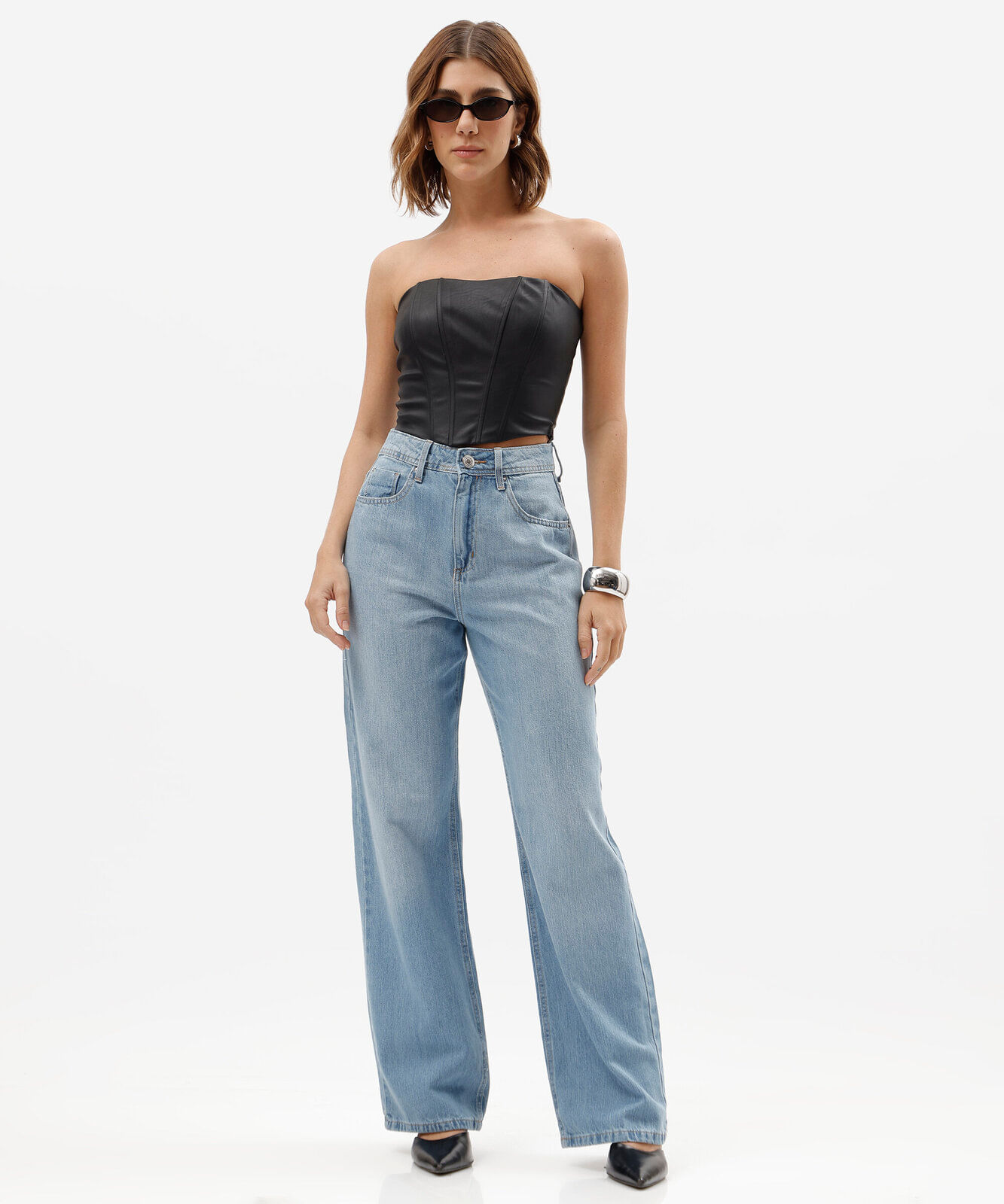 calça wide leg slim feminina jeans cintura alta azul