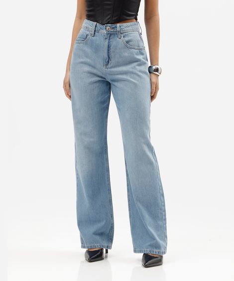 calça wide leg slim feminina jeans cintura alta azul
