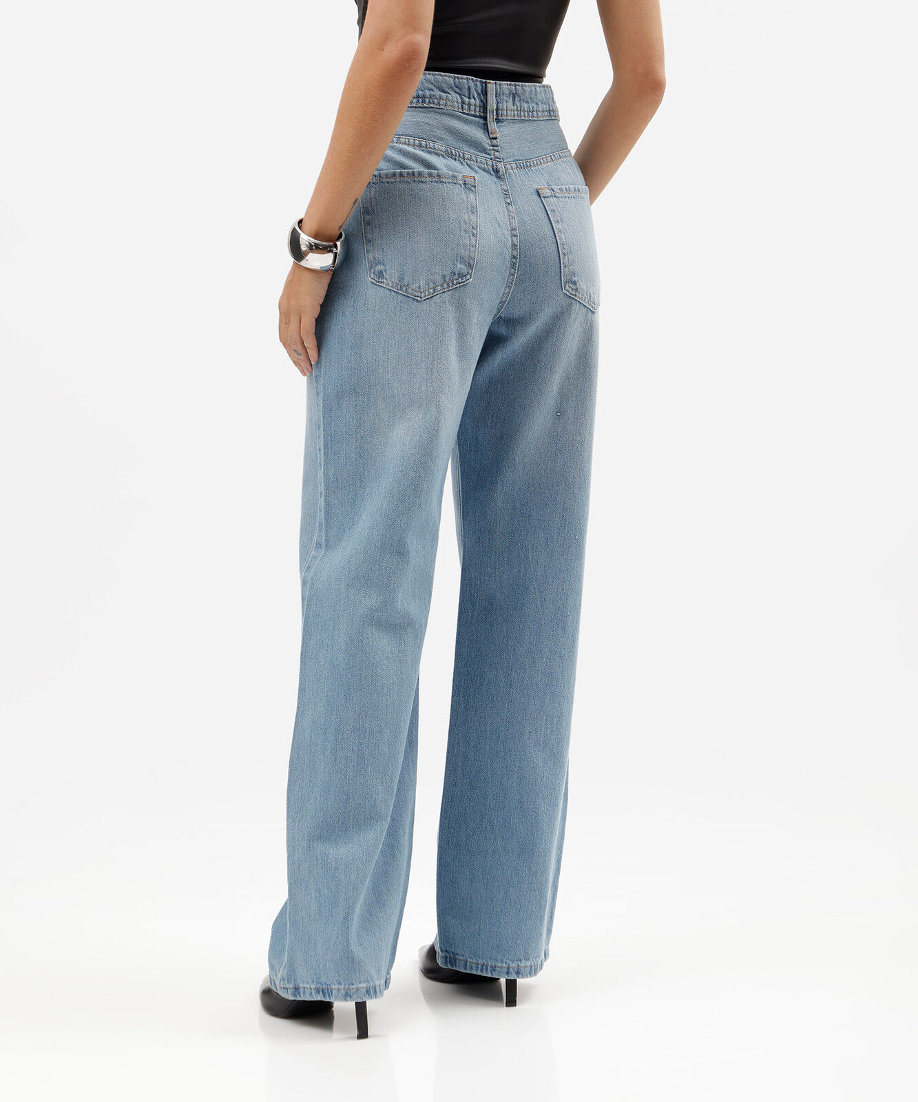 calça wide leg slim feminina jeans cintura alta azul
