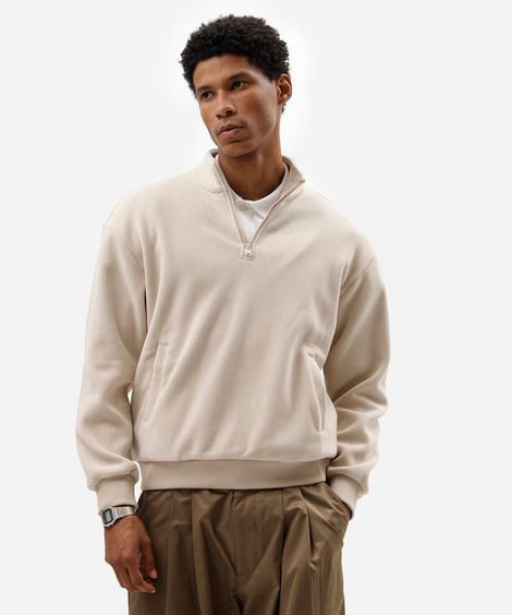 blusão masculino de fleece gola alta com zíper texturizado off white