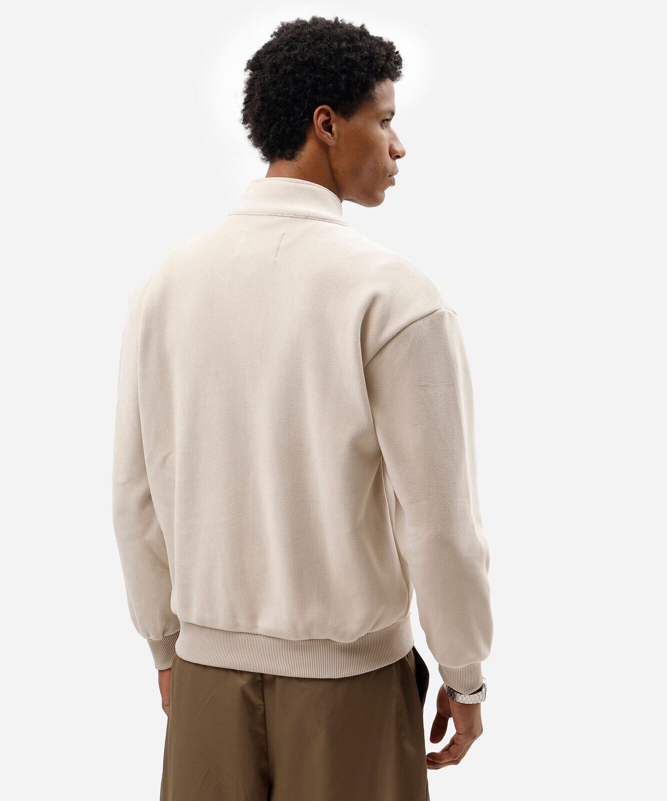 blusão masculino de fleece gola alta com zíper texturizado off white