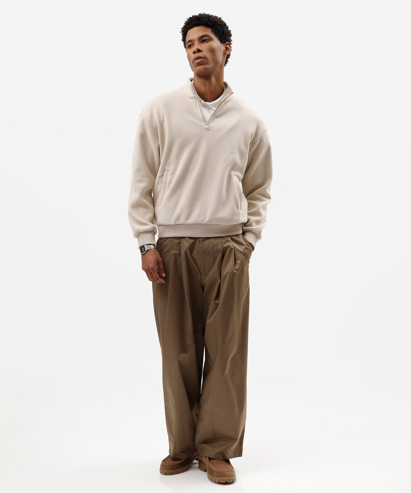 blusão masculino de fleece gola alta com zíper texturizado off white