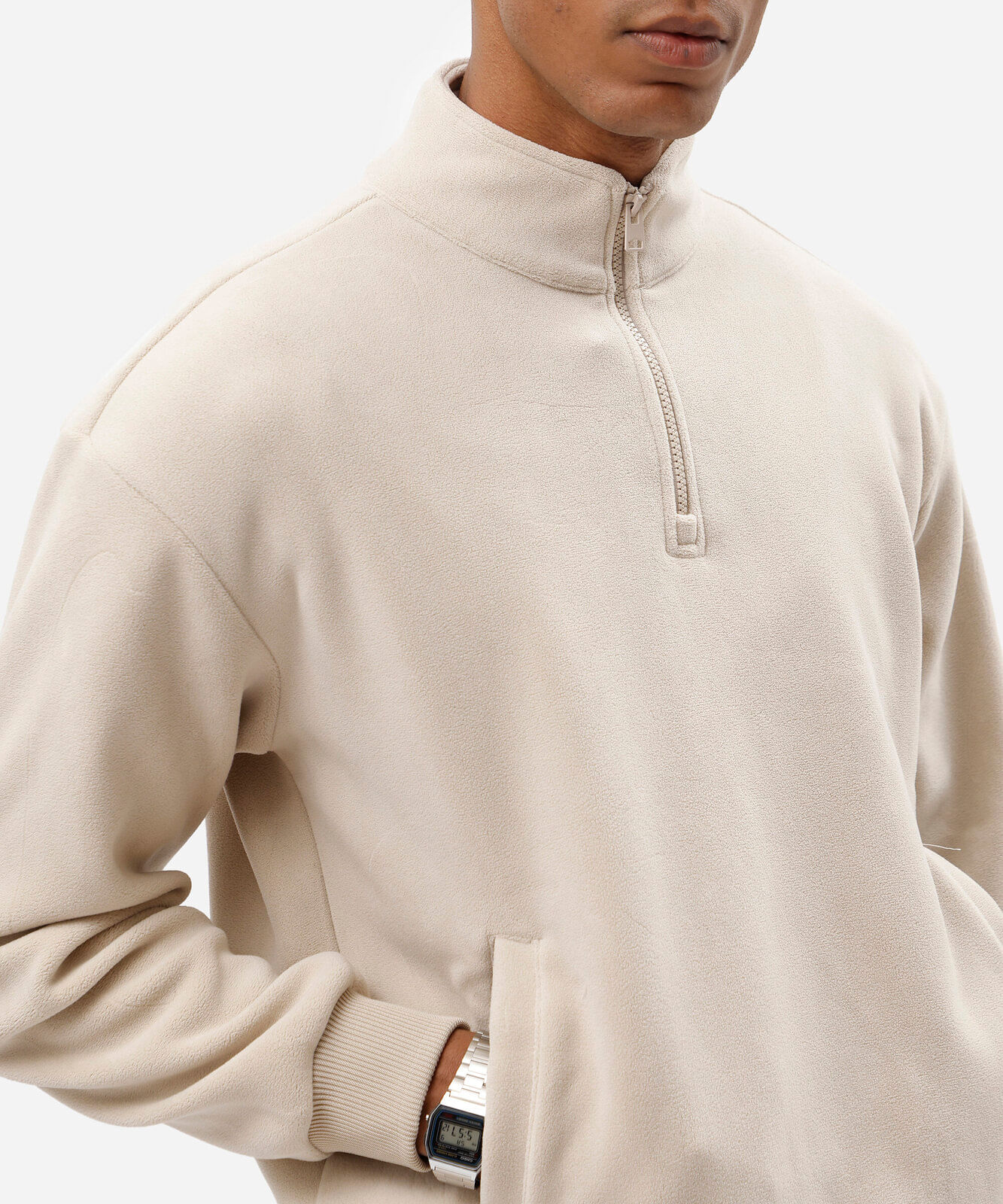 blusão masculino de fleece gola alta com zíper texturizado off white