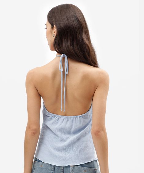 blusa feminina frente única texturizada com babados azul