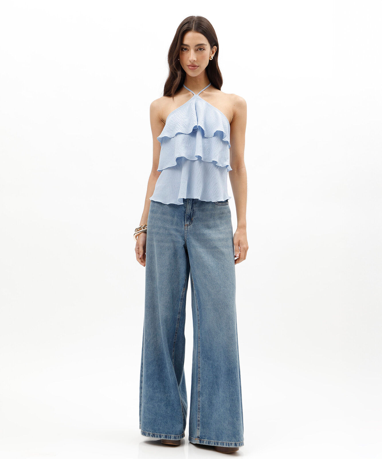 blusa feminina frente única texturizada com babados azul