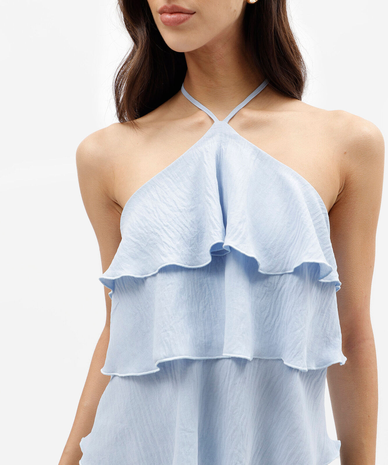 blusa feminina frente única texturizada com babados azul