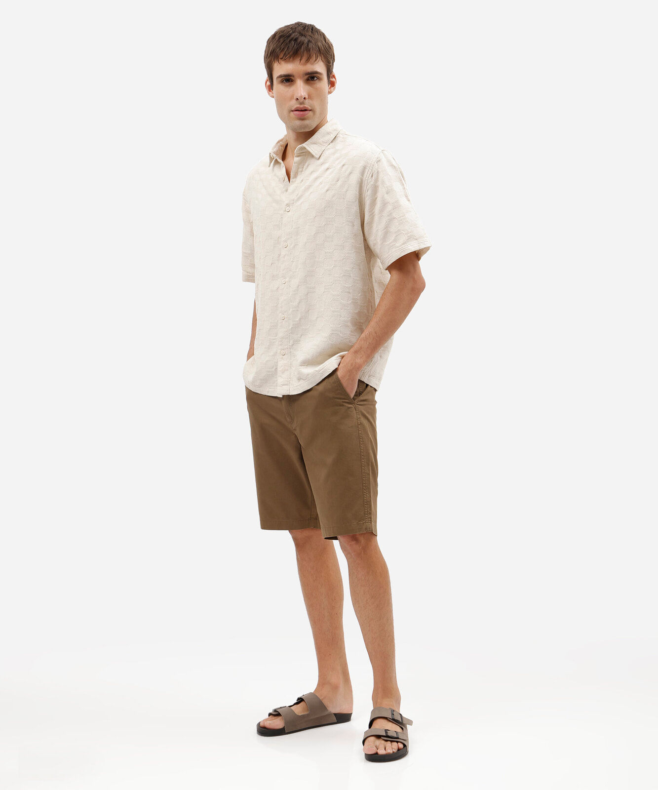 camisa masculina de algodão manga curta texturizada bege