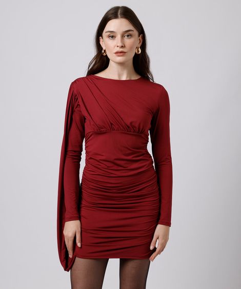 vestido curto feminino franzido com capa mindset vinho