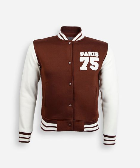 jaqueta bomber oversized juvenil de moletom com bordado marrom