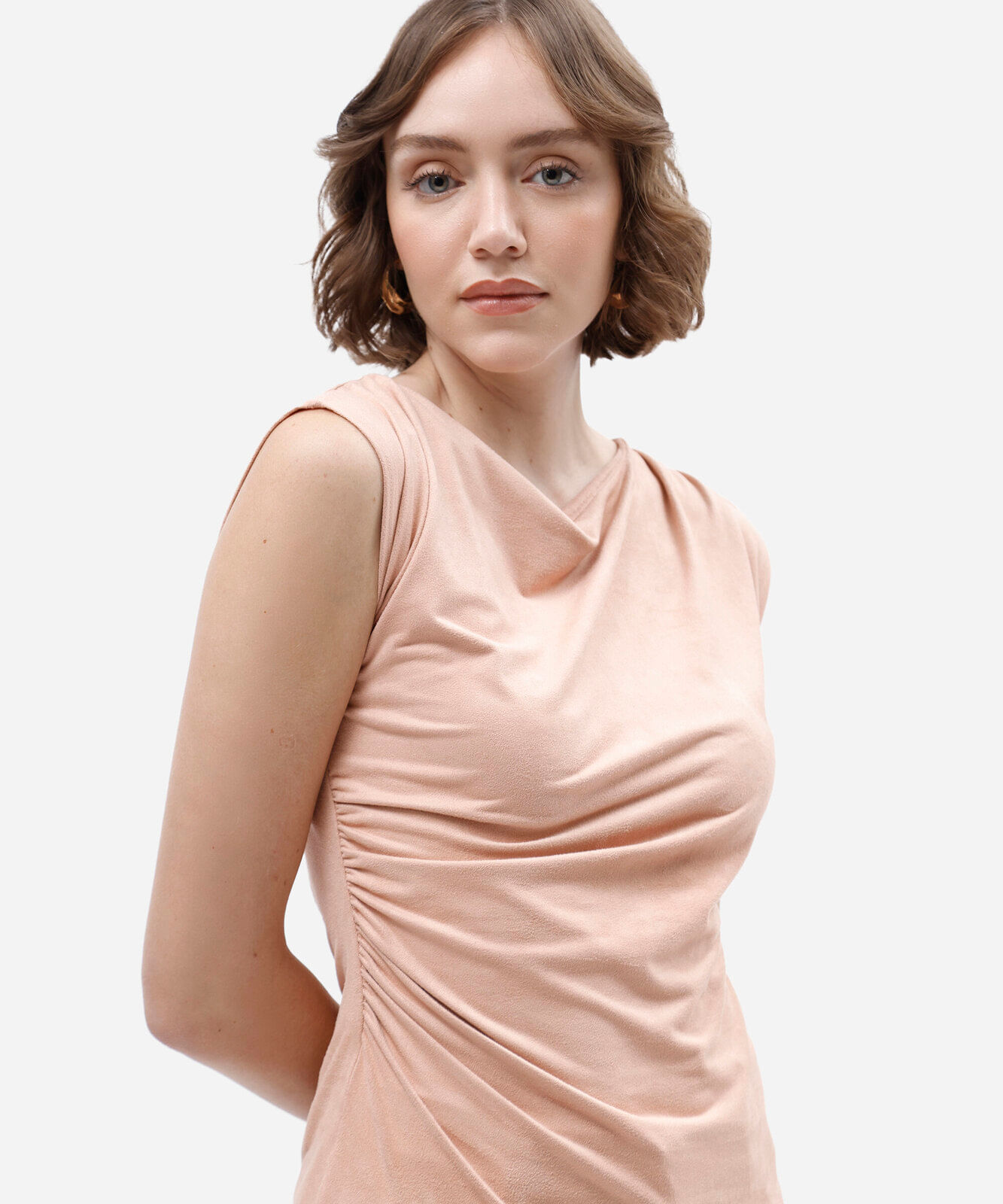 blusa feminina de suede franzida rosa