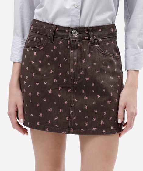 short saia de sarja com fendas floral marrom