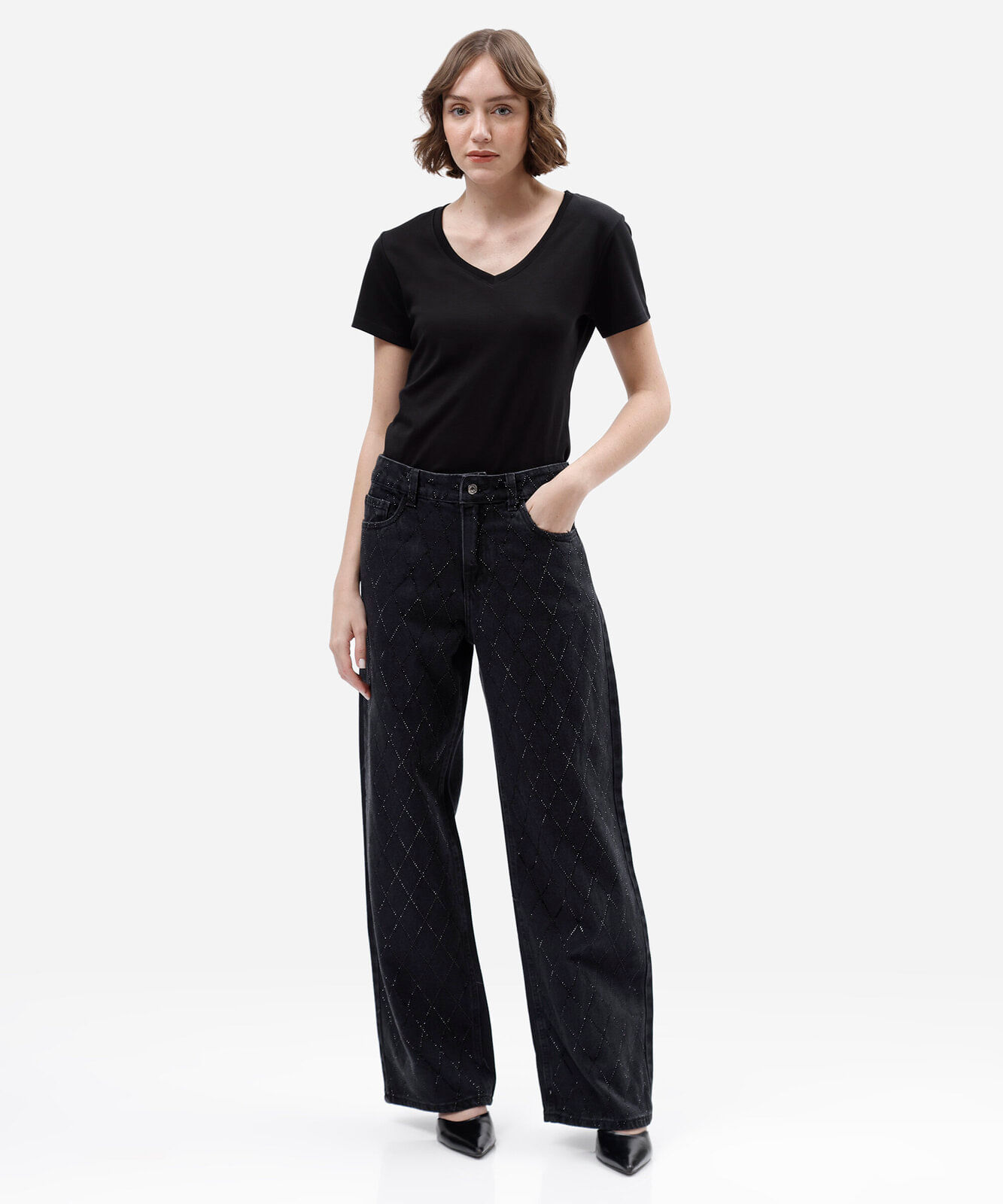 calça wide leg slim feminina jeans com brilhos cintura média preta
