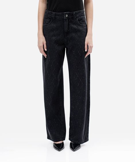 calça wide leg slim feminina jeans com brilhos cintura média preta