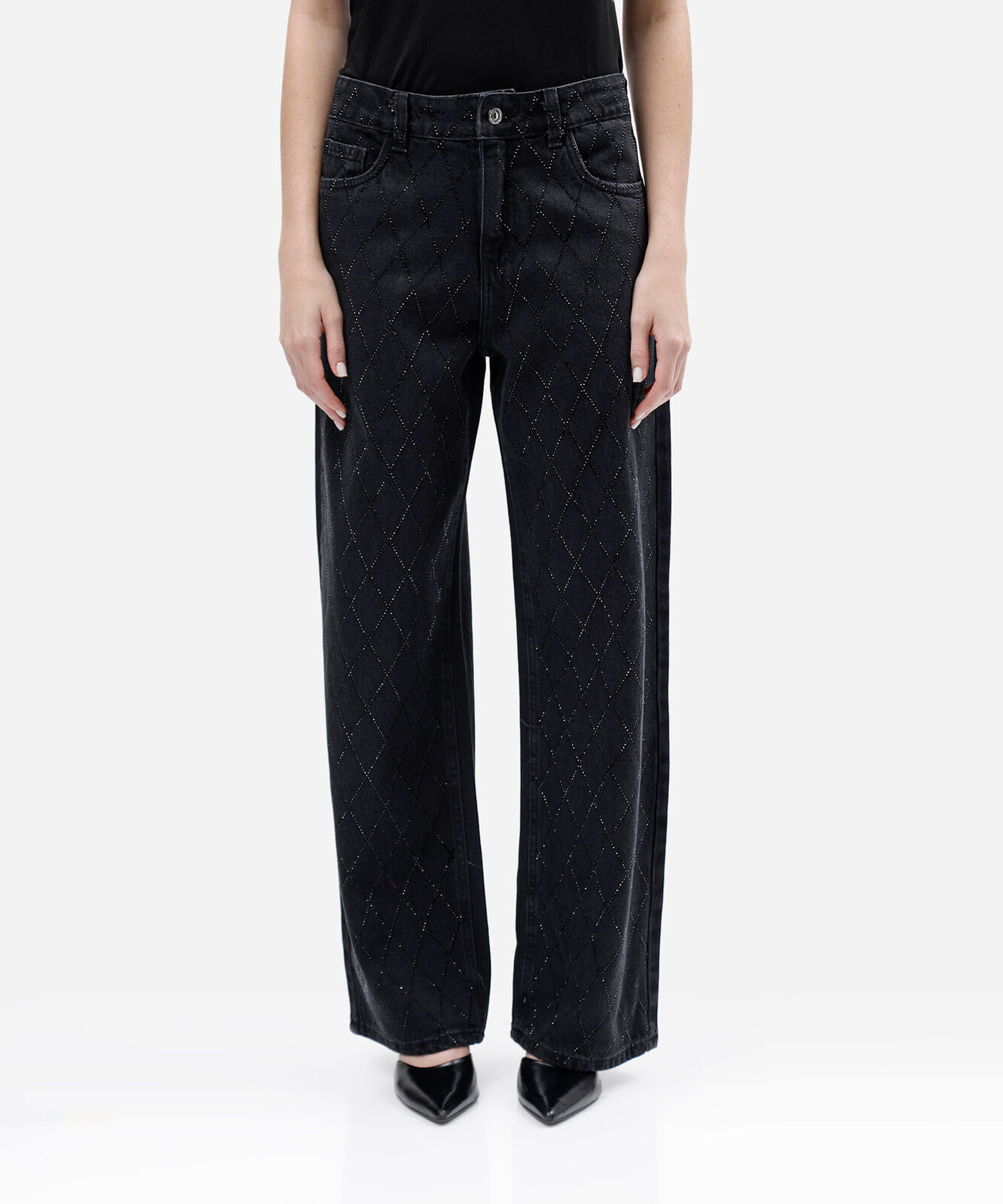 calça wide leg slim feminina jeans com brilhos cintura média preta