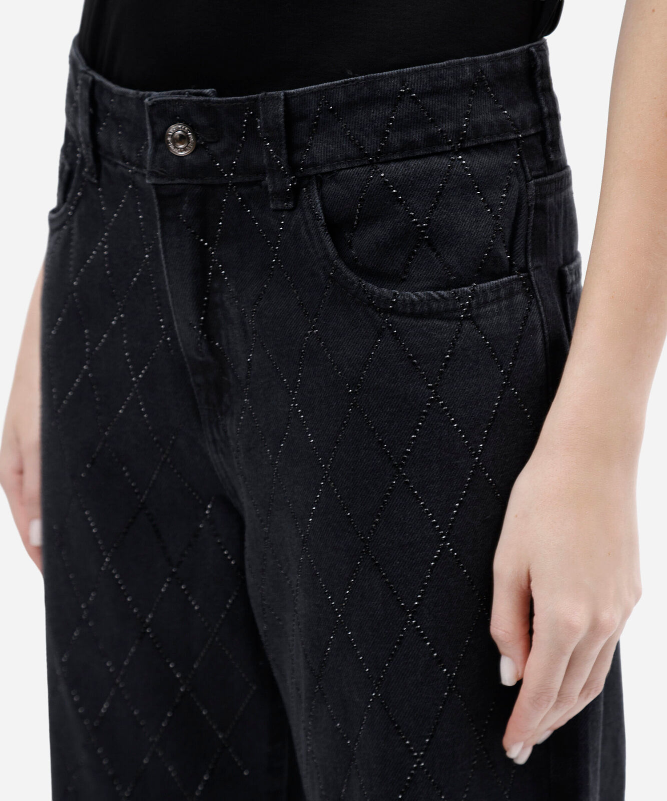 calça wide leg slim feminina jeans com brilhos cintura média preta