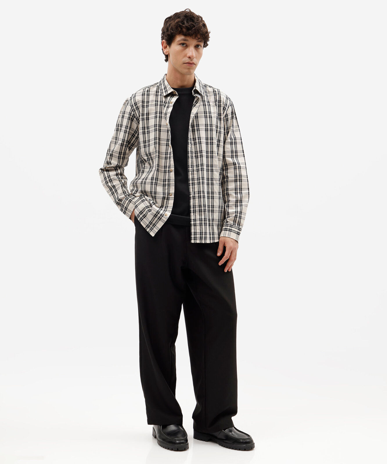 camisa masculina com algodão manga longa xadrez off white