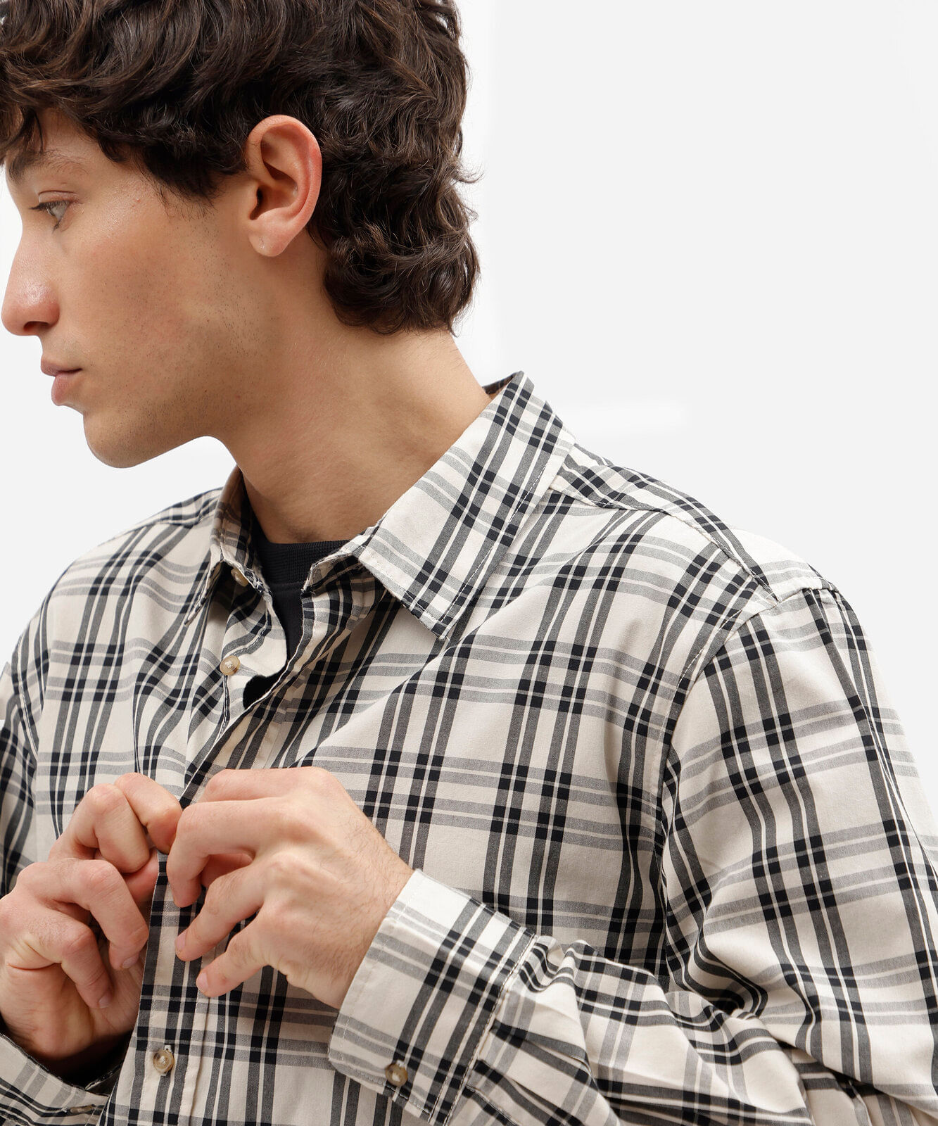 camisa masculina com algodão manga longa xadrez off white
