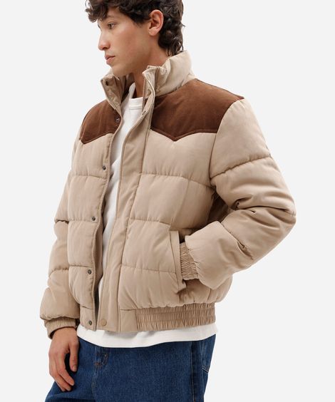 jaqueta puffer masculina gola alta com recorte  bege