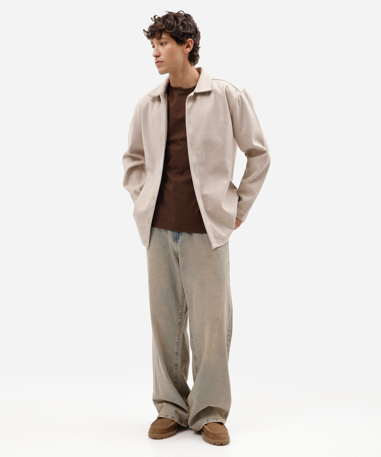 camisa overshirt masculina manga longa texturizada bege