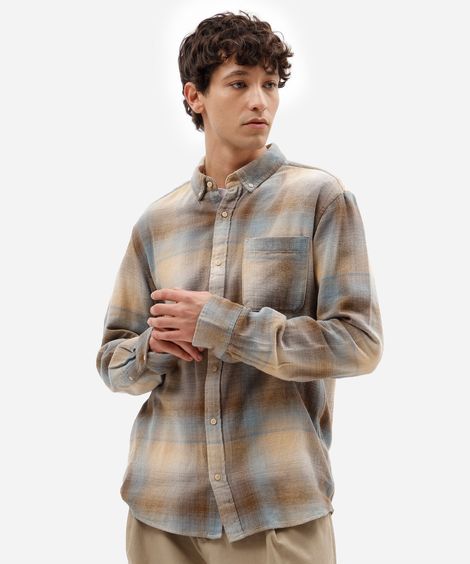 camisa masculina de algodão manga longa xadrez bege