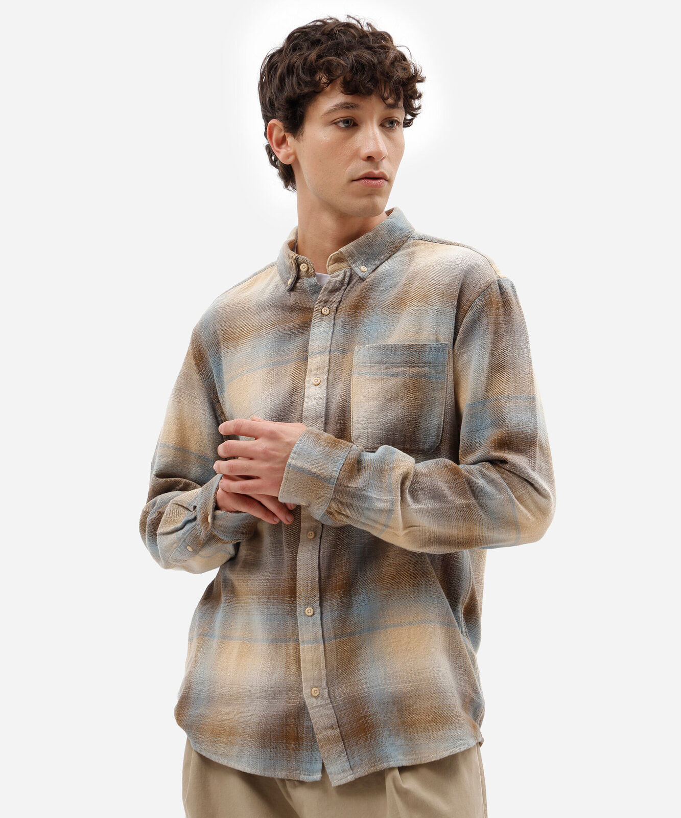 camisa masculina de algodão manga longa xadrez bege