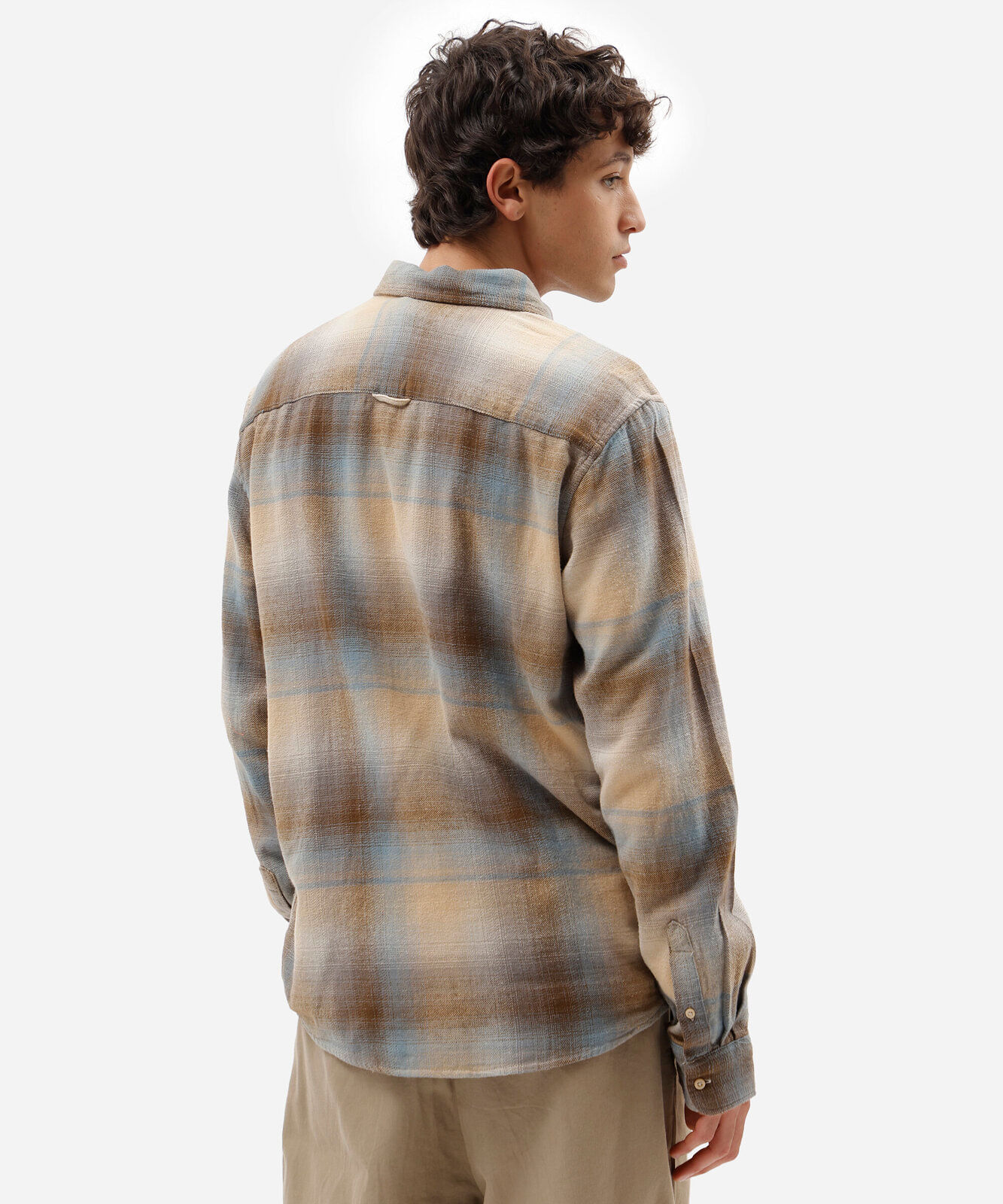 camisa masculina de algodão manga longa xadrez bege