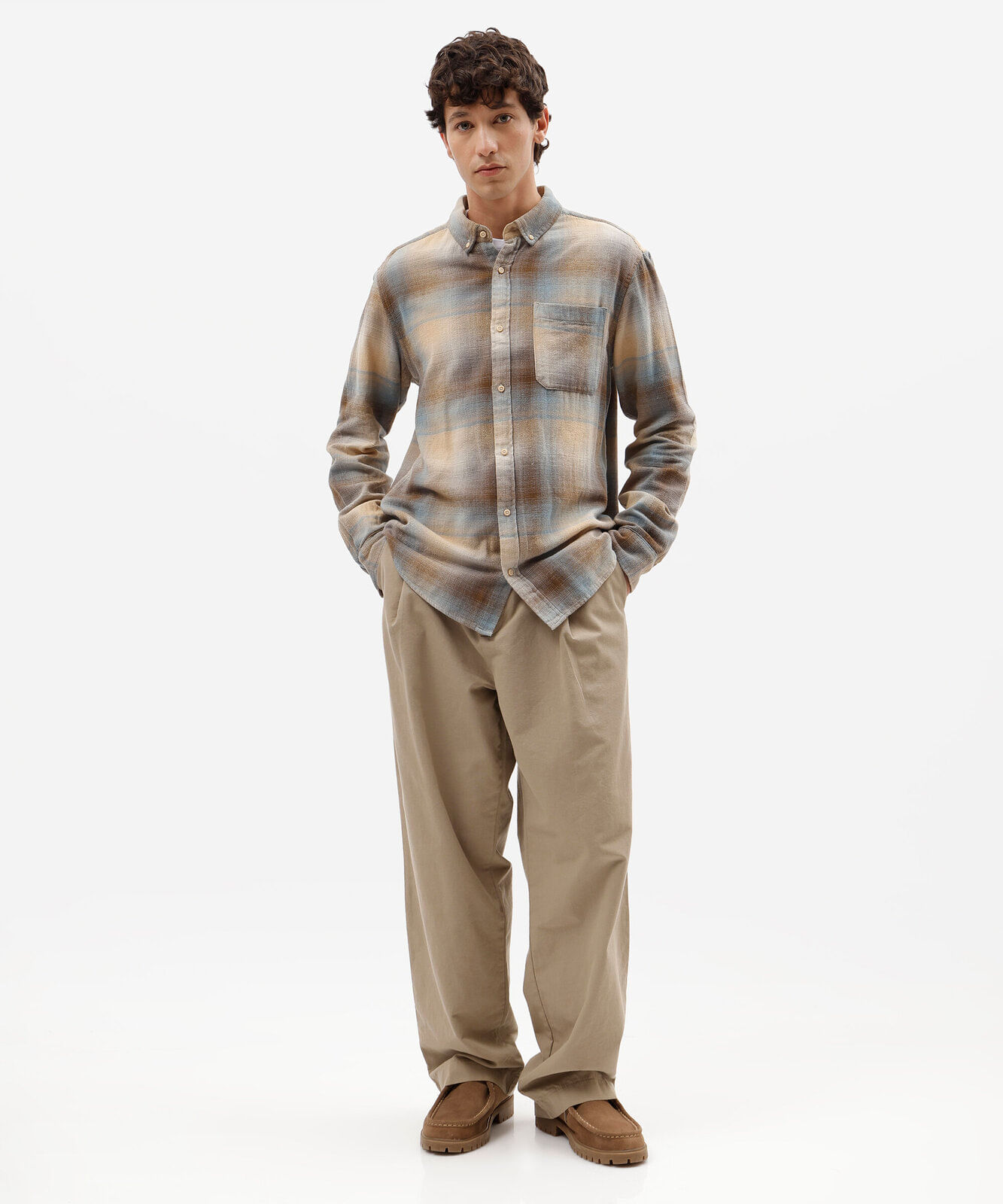 camisa masculina de algodão manga longa xadrez bege