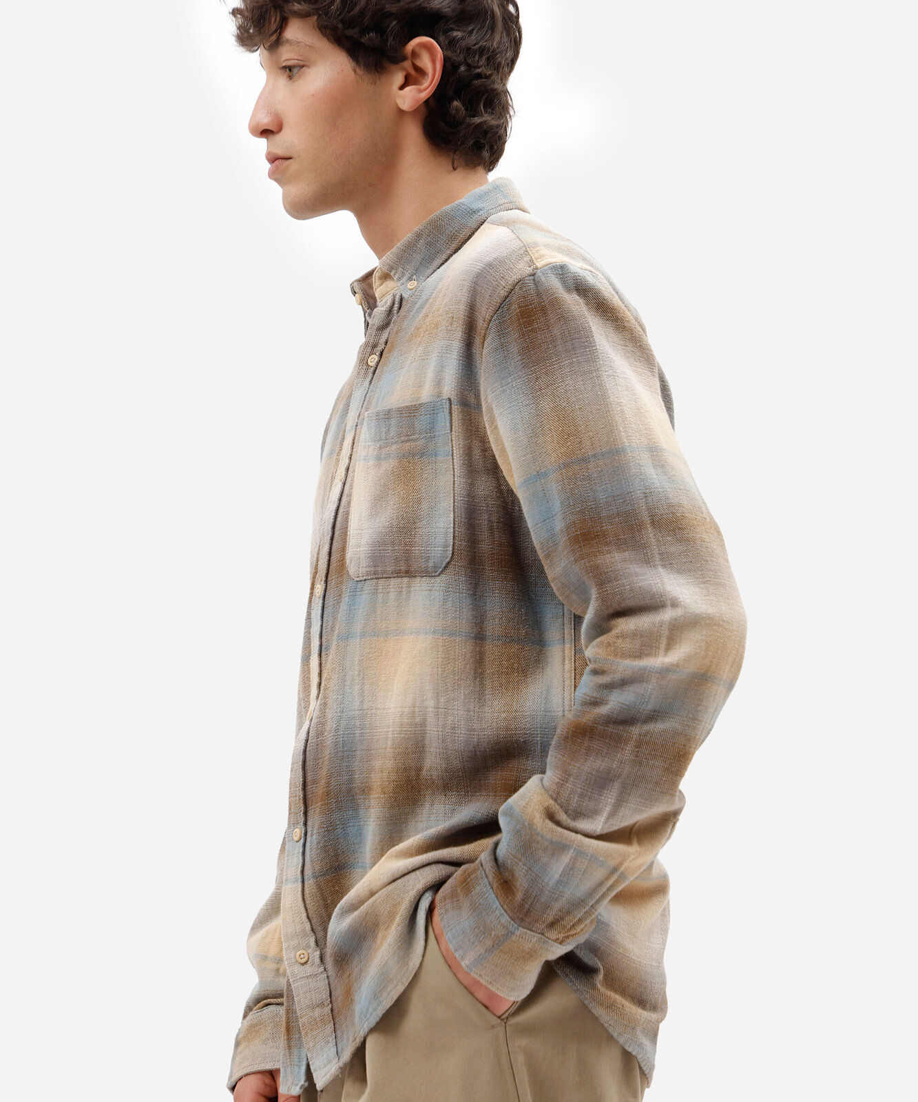 camisa masculina de algodão manga longa xadrez bege