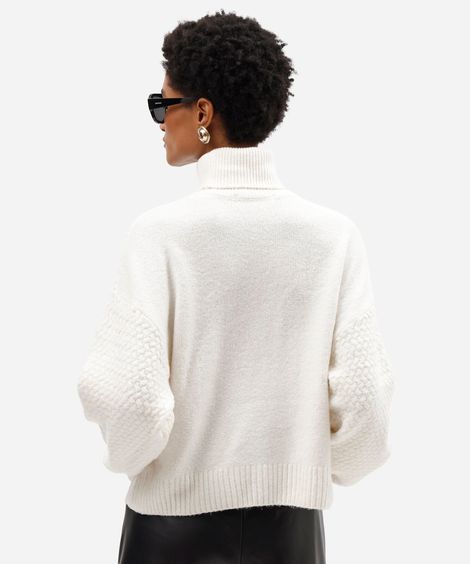 suéter feminino de tricot gola alta manga bufante texturizado off white