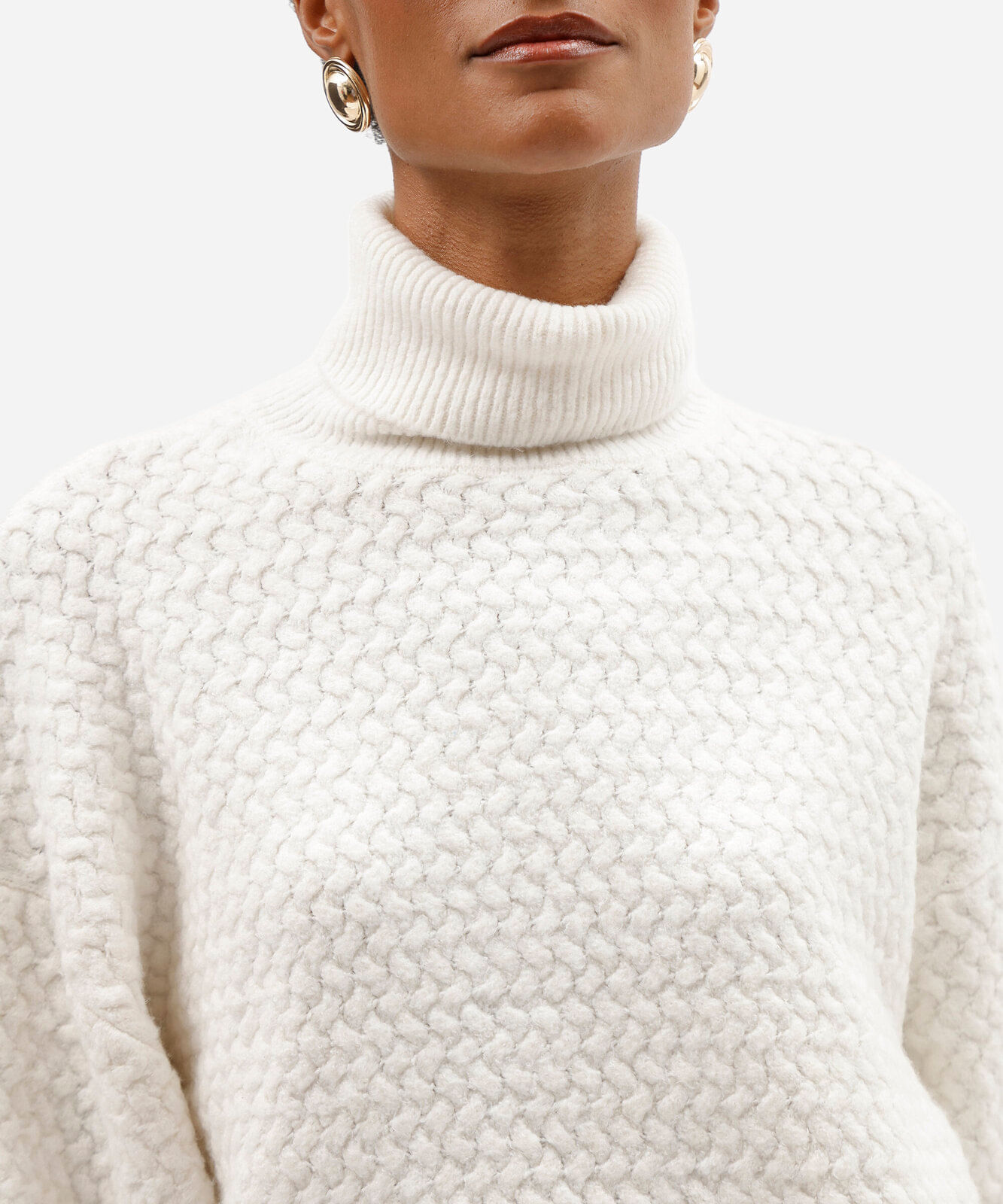 suéter feminino de tricot gola alta manga bufante texturizado off white
