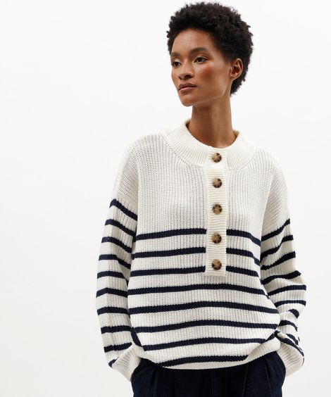 suéter feminino de tricot com botões listrado off white