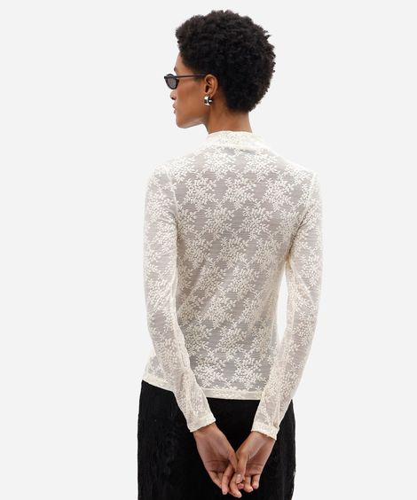 blusa feminina de renda gola alta manga longa floral bege