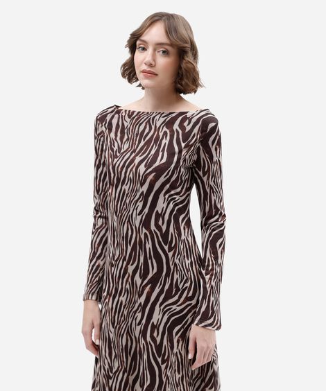 vestido midi feminino de tule decote canoa manga longa animal print bege