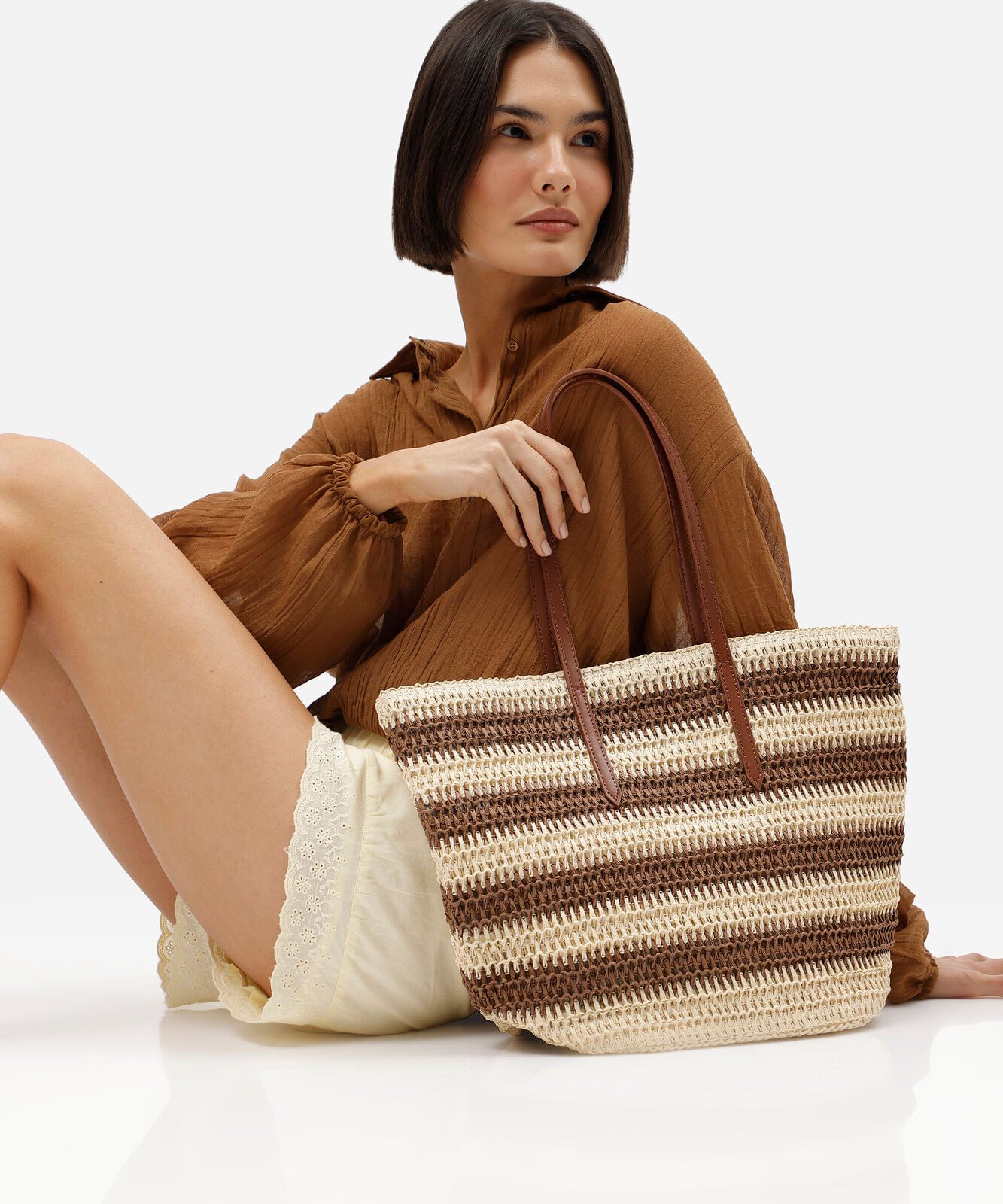 bolsa shopper texturizada listrada marrom