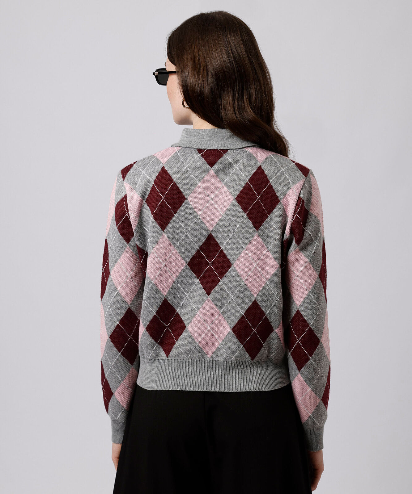 cardigan feminino de tricot xadrez argyle mindset cinza