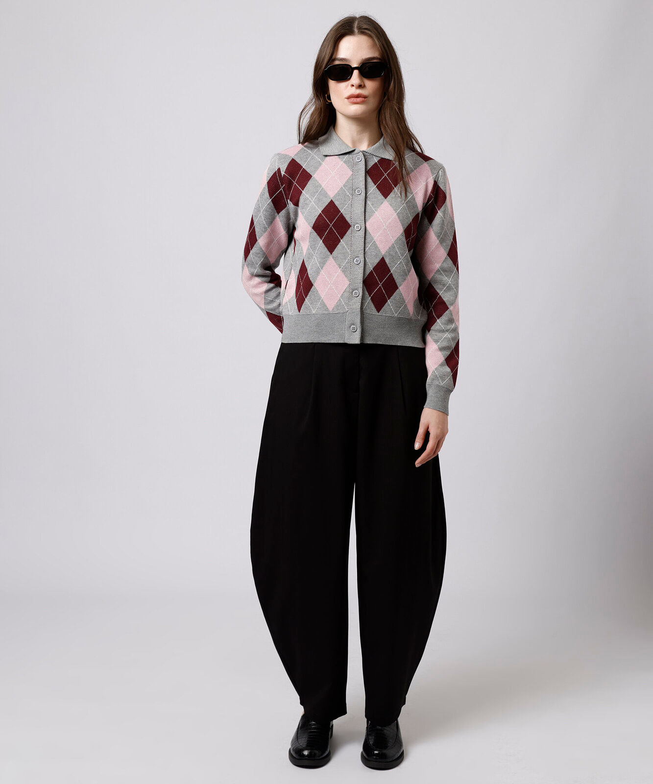 cardigan feminino de tricot xadrez argyle mindset cinza
