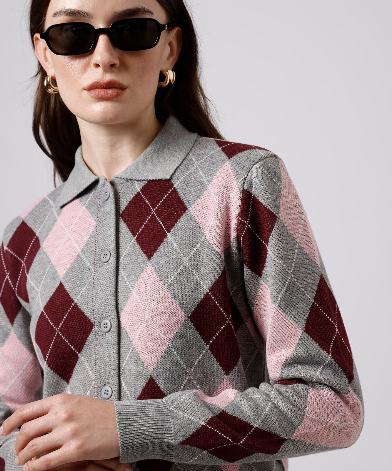 cardigan feminino de tricot xadrez argyle mindset cinza