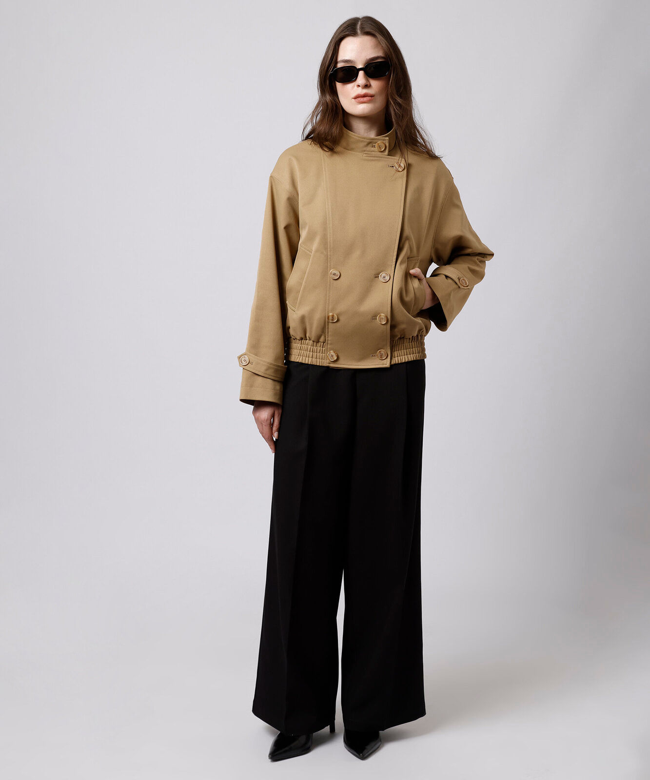 jaqueta trench coat feminina gola alta mindset bege