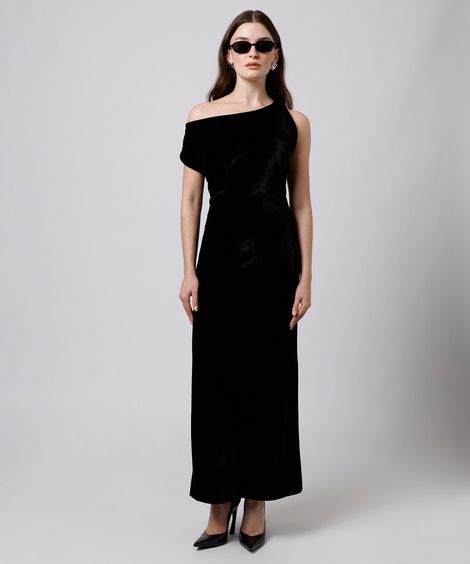 vestido longo feminino de veludo assimétrico mindset preto