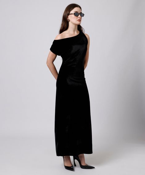 vestido longo feminino de veludo assimétrico mindset preto