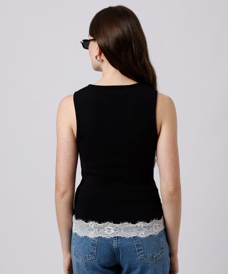 regata feminina de tricot com renda mindset preta
