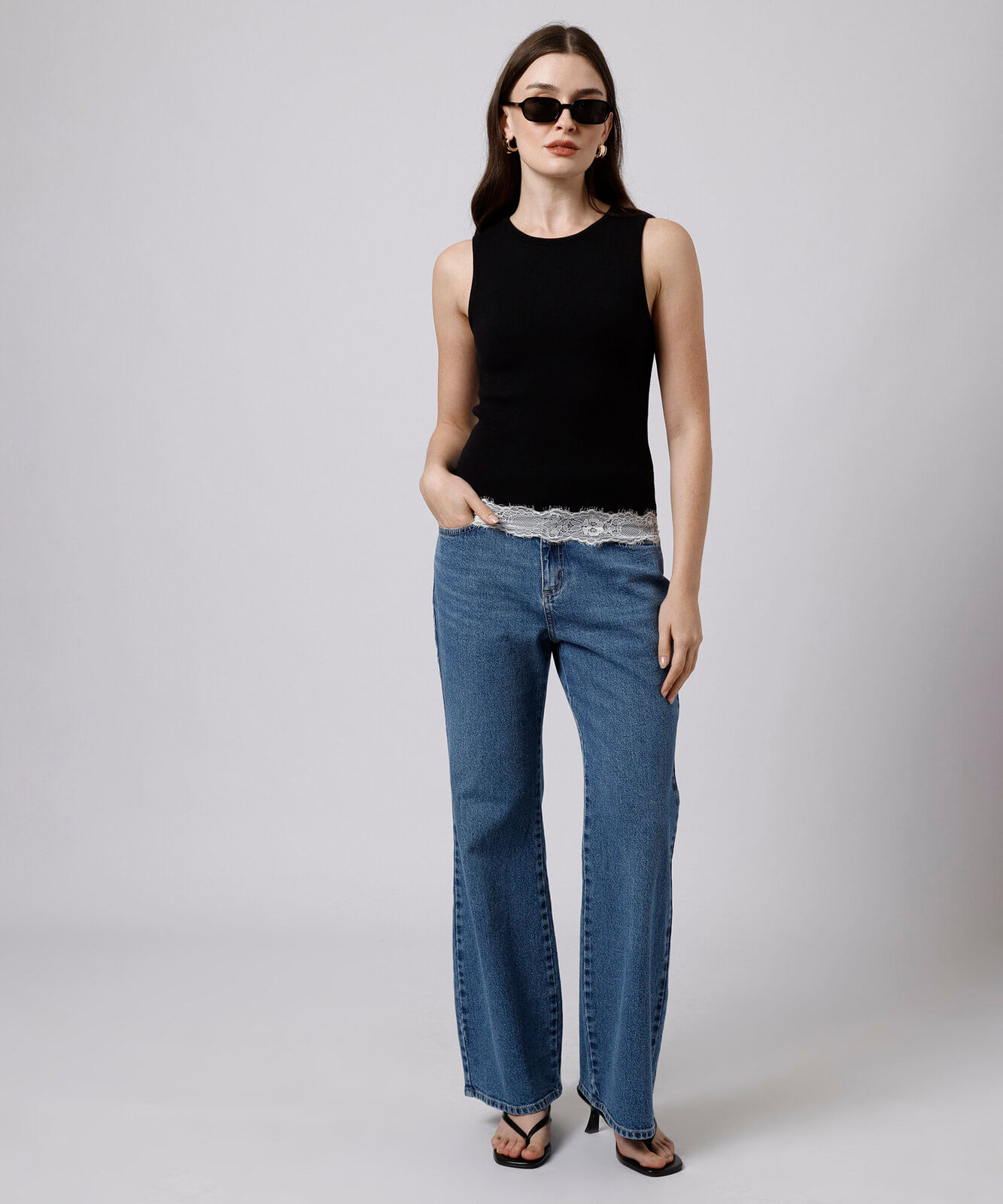 regata feminina de tricot com renda mindset preta