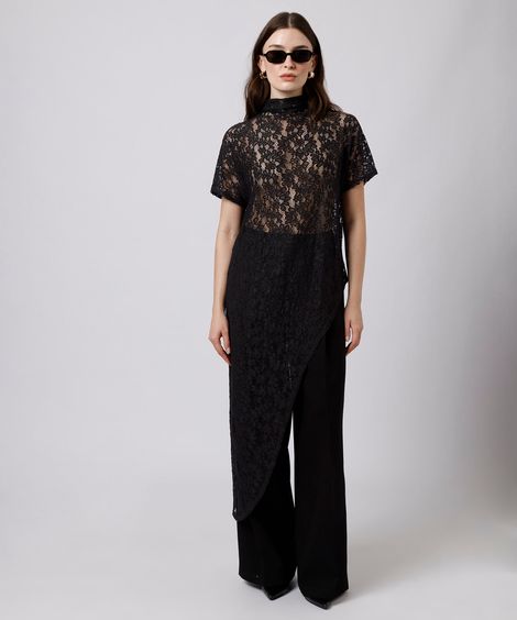 blusa alongada feminina de renda manga curta floral mindset preta